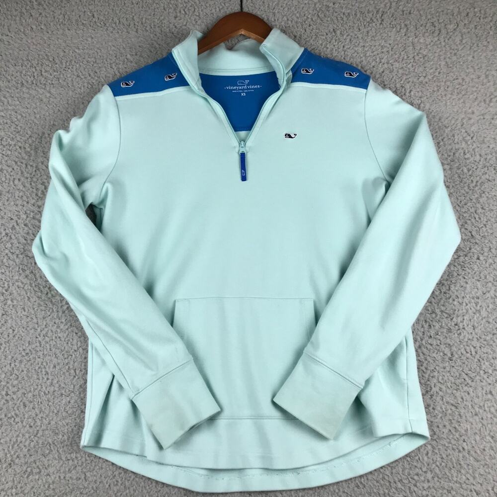 Vineyard Vines Women's Pullover Jacket Oxford 1/4 Zip Teal Blue Whale Mock